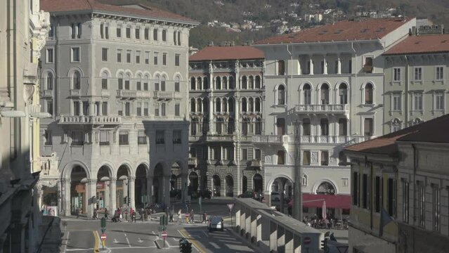 Panoramic view of Trieste city with buildings and streets, Italy, s-log video