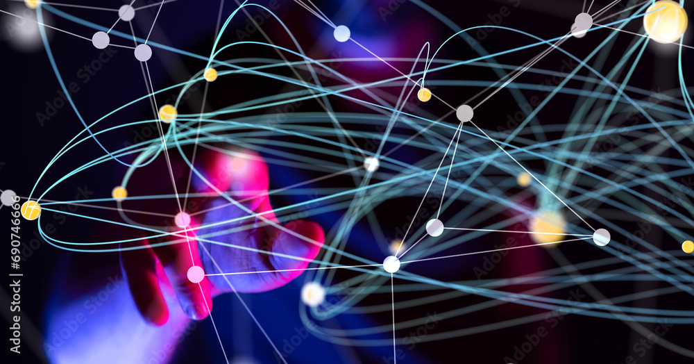 Poster Global network. Blockchain. 3D illustration. Neural networks and artificial intelligence. Abstract