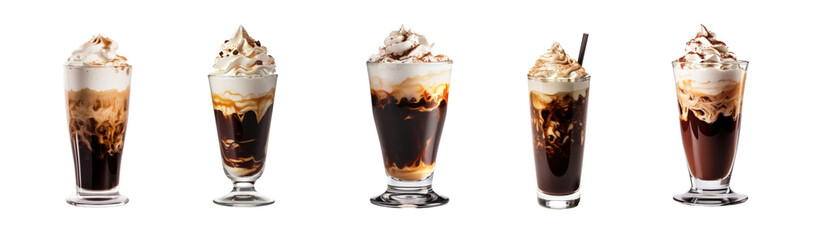 Set of Vienna Coffee in a glass beaker, traditional Austrian coffee beverage topped with whipped cream and cocoa powder, popular korean trend, on a transparent isolated background