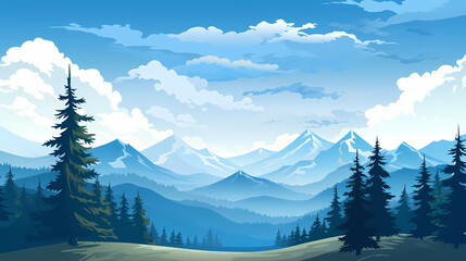 A blue and white mountain landscape with trees and mountains in the background