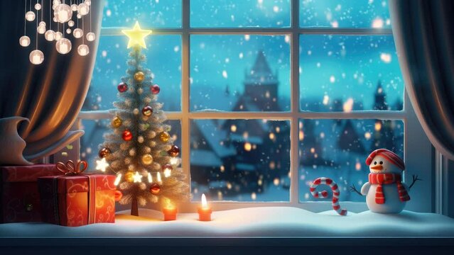 Christmas decorations on windows with bear and cup of coffee at night during snowfall.   seamless looping time-lapse virtual video 4k animation background.	
