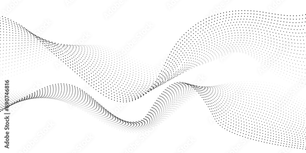 Poster Abstract background with flowing dots particles halftone waves pattern in black and white wavy dotted lines. Vector design template of Artificial intelligence, gaming, technology, science, music.