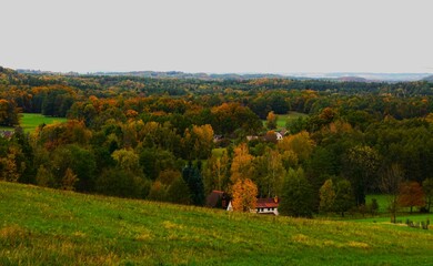 Jesienna panorama na las i ukryte w nim domy