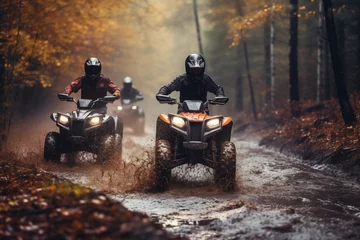 Zelfklevend Fotobehang Sportsmen riding atv on dirty off-road track in autumn forest. Generative AI © Nomad_Soul