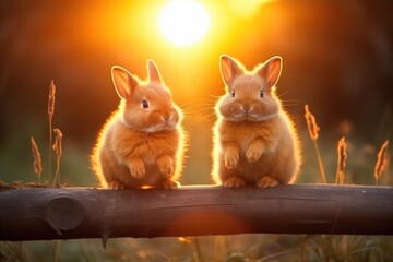 Two cute fluffy rabbits sit together in a sunny fall garden