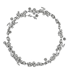 Lavender flower circle wreath frame for design of card or invite. Vector black ink hand drawn summer flower illustration, isolate on white background