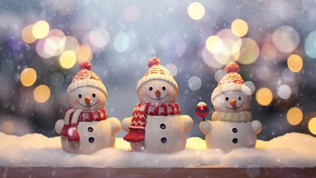 Christmas decorations with a family snowman surrounded by snowfall. seamless looping time lapse video animation background. 
