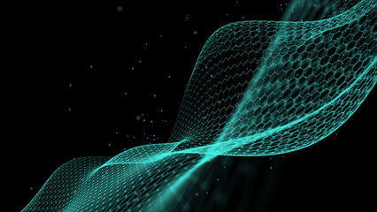 Futuristic hexagon wave motion background. The abstract structure of network connection. Big data visualization. 3D rendering.