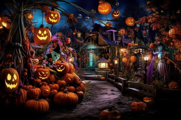 Decorated street with squash and Halloween pumpkins jack-o-lantern. Generative AI