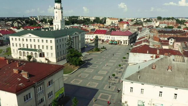 City center of Drohobych, Ukraine. Aerial photography of the city hall in the historical and cultural center of Drohobych, panoramic view of the city.