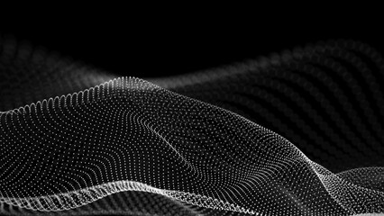 Digital wave with dots on the dark background. The futuristic abstract motion structure of network connection. Big data visualization. 3D rendering.