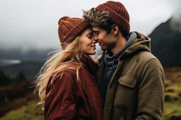 A couple in warm autumn clothing share an intimate moment with foreheads touching, showcasing affection against a misty mountainous backdrop.