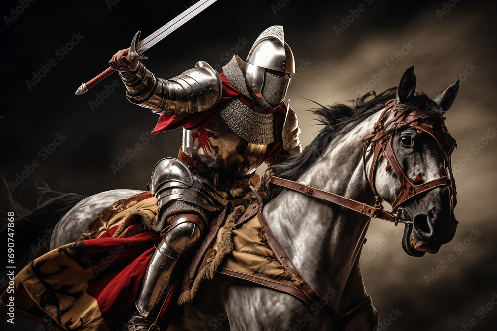 Wall mural epic medieval armored knight galloping horse in smoke of dust. generative ai