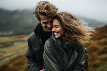 Joyful couple hugging outdoors with windswept hair, smiling in a misty, mountainous landscape. - obrazy, fototapety, plakaty