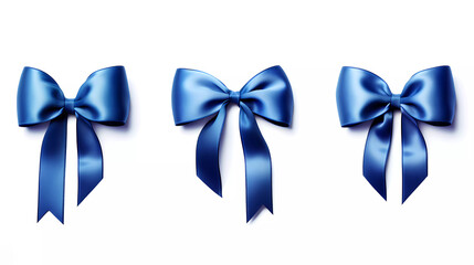 A blue ribbon with a bow on it is shown in four different angles