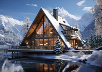 Modern scandinavian chalet house on ski resort with snow and mountains view on sunny afternoon.Macro.AI Generative.