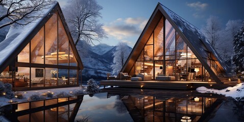 Modern wooden chalet houses with snow and mountains on ski resort in cold evening.Macro.AI Generative. - obrazy, fototapety, plakaty