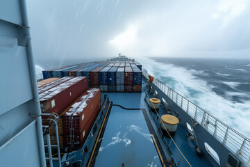 Cargo ship sailing in strong storm, view from deck. Generative AI