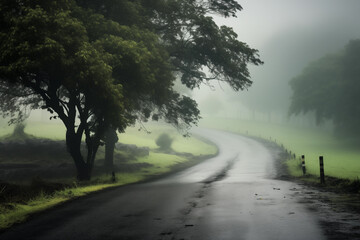 Obraz premium Countryside road drenched in extreme heavy rain. Generative AI