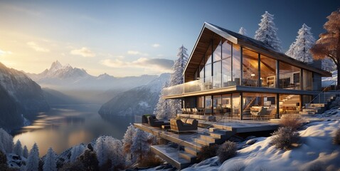 Modern wooden chalet house with snow and mountains on ski resort in cold evening.Macro.AI Generative.