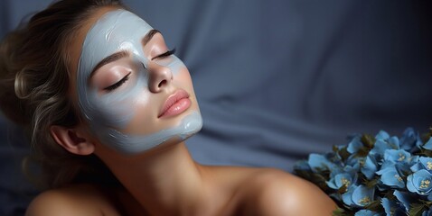 Purifying blue clay mask on beautiful woman soft skin face.Macro.AI Generative.