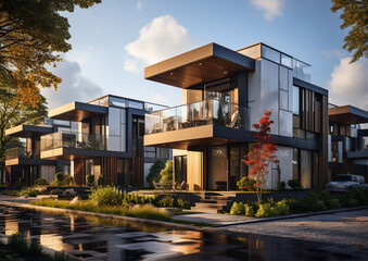 Fototapeta premium Modular townhouses with minimalist exterior in modern neighborhood on summer day.Macro.AI Generative.