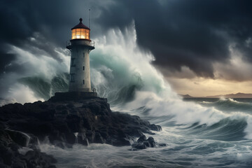 Naklejka na ściany i meble Glowing sea ocean lighthouse in storm with thunder. Generative AI
