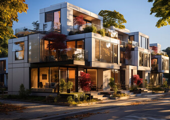 Modular townhouses with minimalist exterior in modern neighborhood on summer day.Macro.AI Generative.