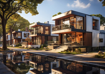 Obraz premium Modern neighborhood with luxury modular townhouses with minimalist exterior in on summer day.Macro.AI Generative.