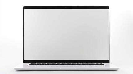 A laptop computer with a blank screen on a white surface. Laptop screen mockup, copy-space.