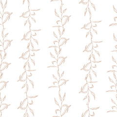 Greenery line art striped leaves, hand drawn simple floral seamless pattern, pastel color. Vector background for prints, textile fabric, wallpapers,scrapbook, wrapping paper