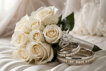 Wedding bouquet and rings on the table