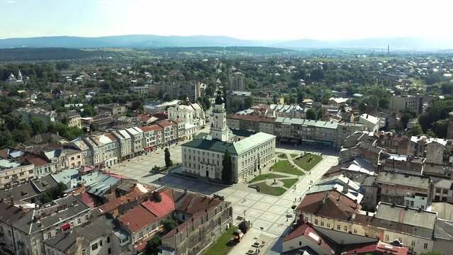 City center of Drohobych, Ukraine. Aerial photography of the city hall in the historical and cultural center of Drohobych, panoramic view of the city.