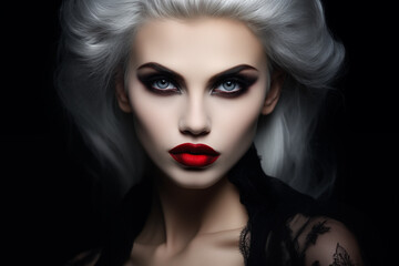 Fototapeta premium Portrait of beautiful blonde vampire woman. Generative AI