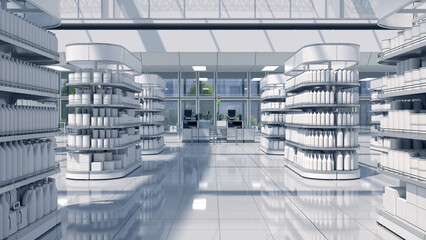 Sales area of the store with rows of shelving, advertising space, blank products and daylight. 3d illustration