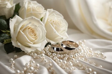 A stunning bouquet of white roses, delicately arranged on a bed of soft white fabric. Two gleaming wedding rings rest atop the bouquet.
