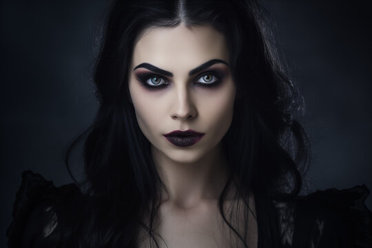 Portrait of beautiful vampire woman in elegant dress. Generative AI
