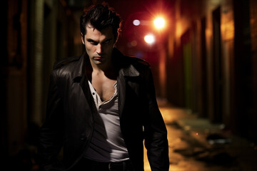 Obraz premium Portrait of young guy vampire on dark street. Generative AI