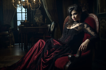 Fototapeta na wymiar Gorgeous lady vampire wearing elegant dress. Generative AI
