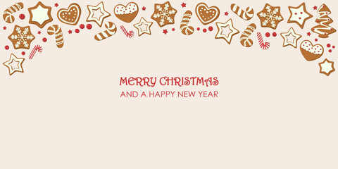 Illustration. Christmas gingerbread on a beige background and the inscription Merry Christmas. Background, concept of New Year holidays, Christmas