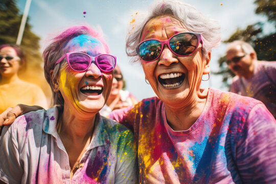 Happy active senior friends with colorful powder on their faces and clothes looking at camera.