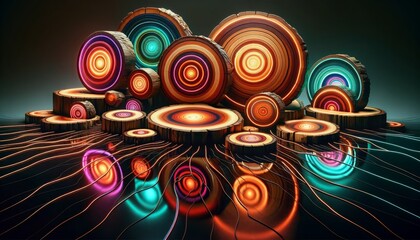 Obraz premium Multiple Polished Wooden Stump Slices with Neon Lights on Mirrored Background - Symmetrical Light Play