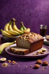 Banana bread on the table on purple background, banana cake with nuts, Banana cake with almonds, bread and banana, bread with banana, Banana muffins, homemade banana pie, banana bread with raisins