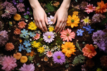 Top view of hands working with flowers in garden. - obrazy, fototapety, plakaty