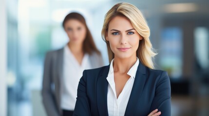 Naklejka premium A woman in a business suit standing with her arms crossed.