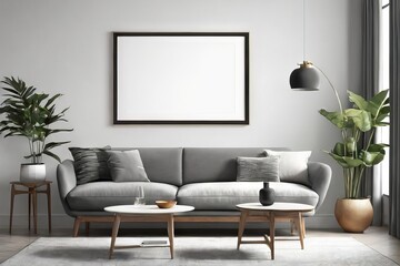Grey sofa near white wall with blank mock up poster frame with copy space. Mid-century style home interior design of modern living room.