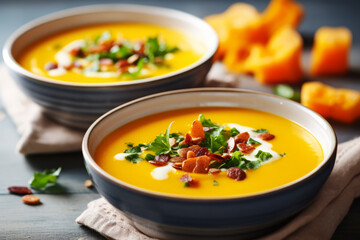 Bowls of butternut squash soup garnished with greens, bacon and pumpkin seeds. Generative AI