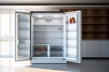 Empty airy kitchen with open refrigerator and empty shelves. Generative AI
