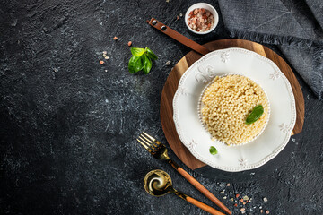 Homemade pasta ptitim, Restaurant menu, dieting, cookbook recipe top view - obrazy, fototapety, plakaty