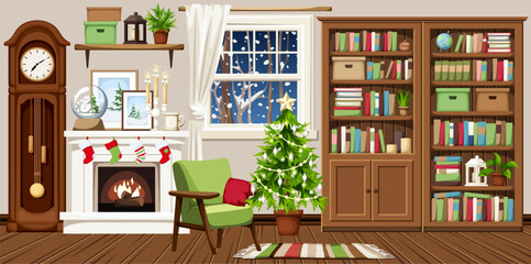Christmas living room interior with a fireplace, a Christmas tree, an armchair, bookcases, grandfather clock, and snowfall outside the window. Cozy Christmas evening interior design